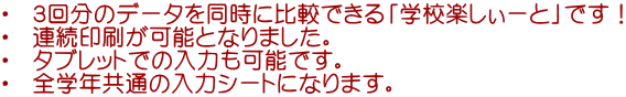 ・ 3回分のデータを同時に比較できる「学校楽しぃーと」です! ・ 連続印刷が可能となりました。 ・ タブレットでの入力も可能です。 ・ 全学年共通の入力シートになります。