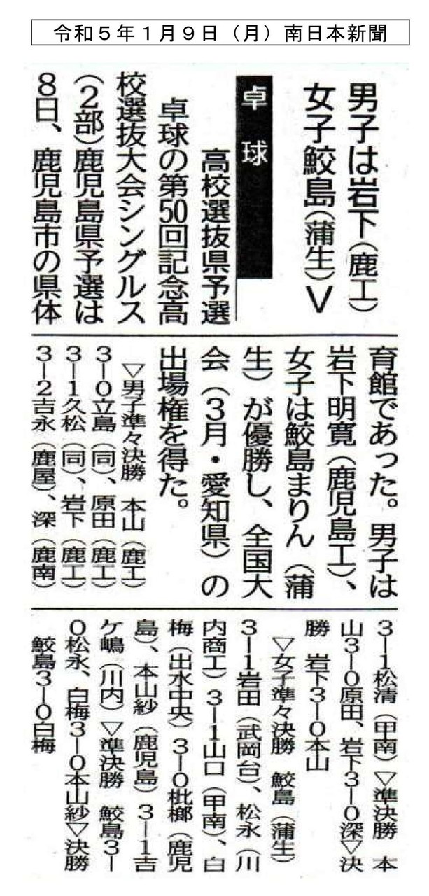00令和５年１月９日（月）南日本新聞 卓球