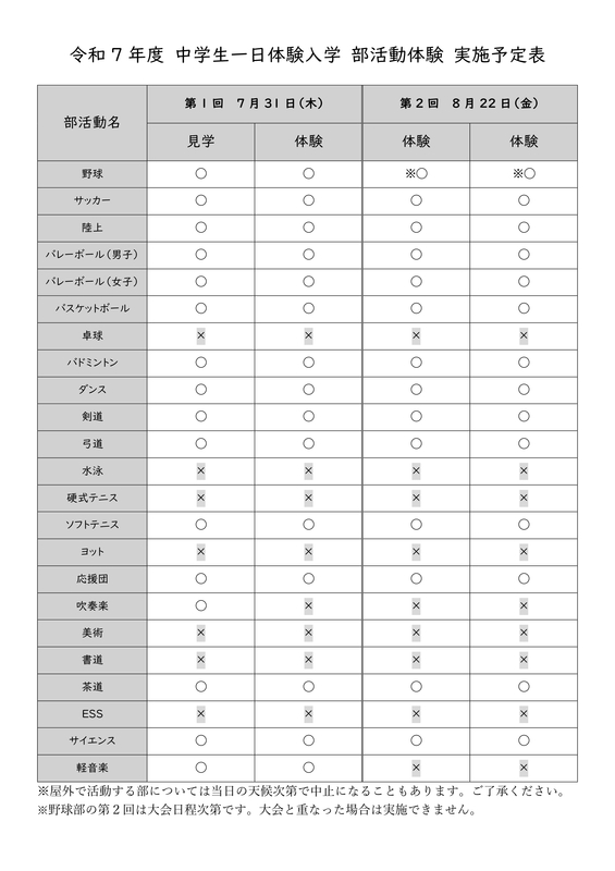 令和7年度中学生一日体験入学部活動体験実施予定表（全体）_page-0001