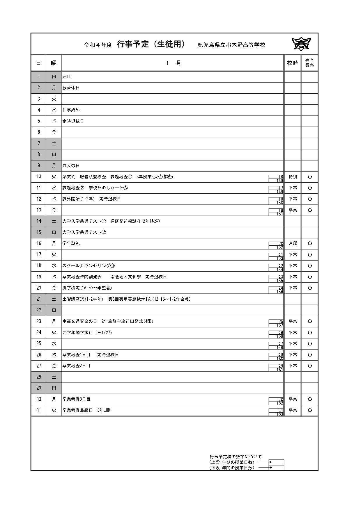 令和４年度　1月行事予定