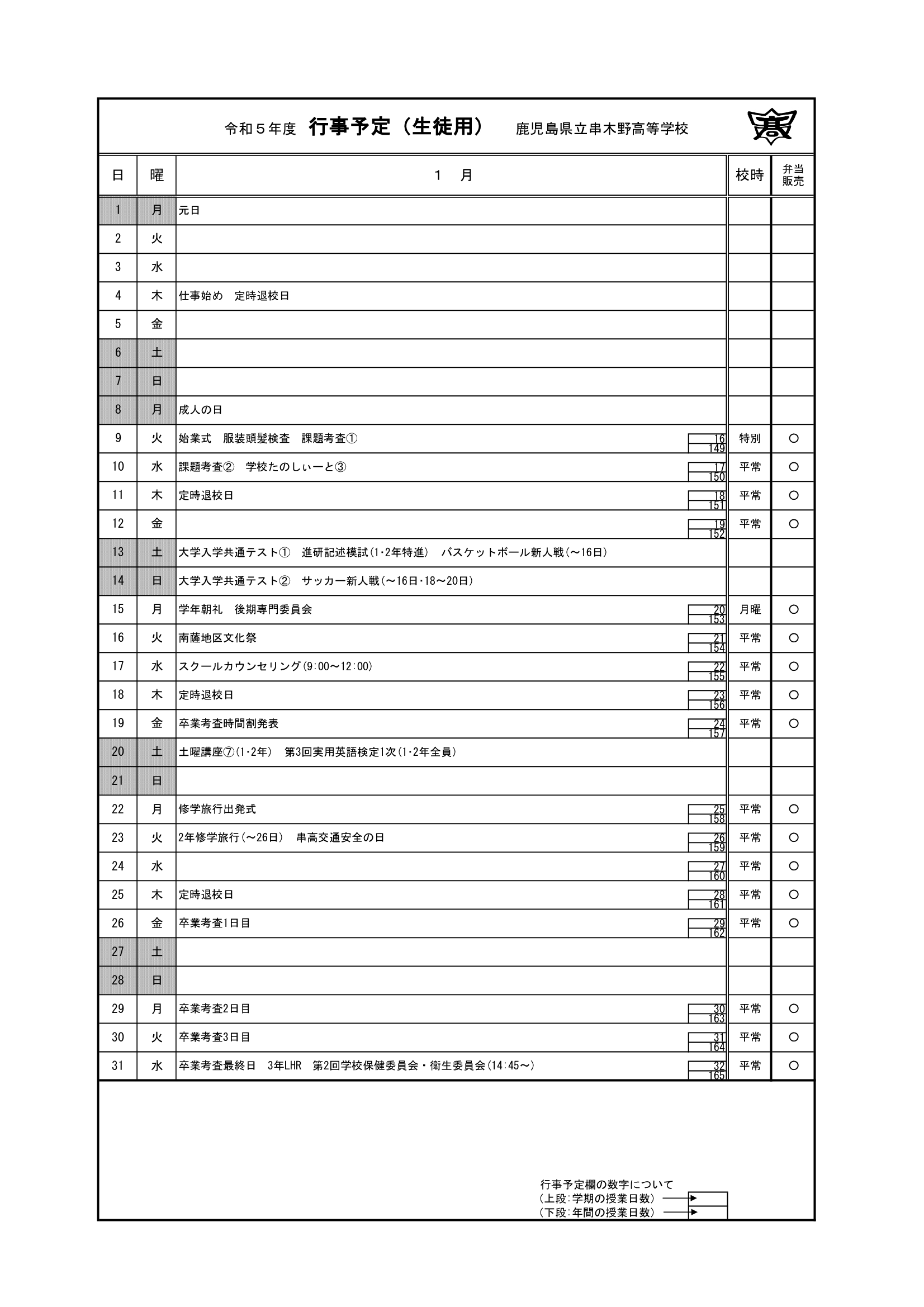 令和５年度　１月行事予定