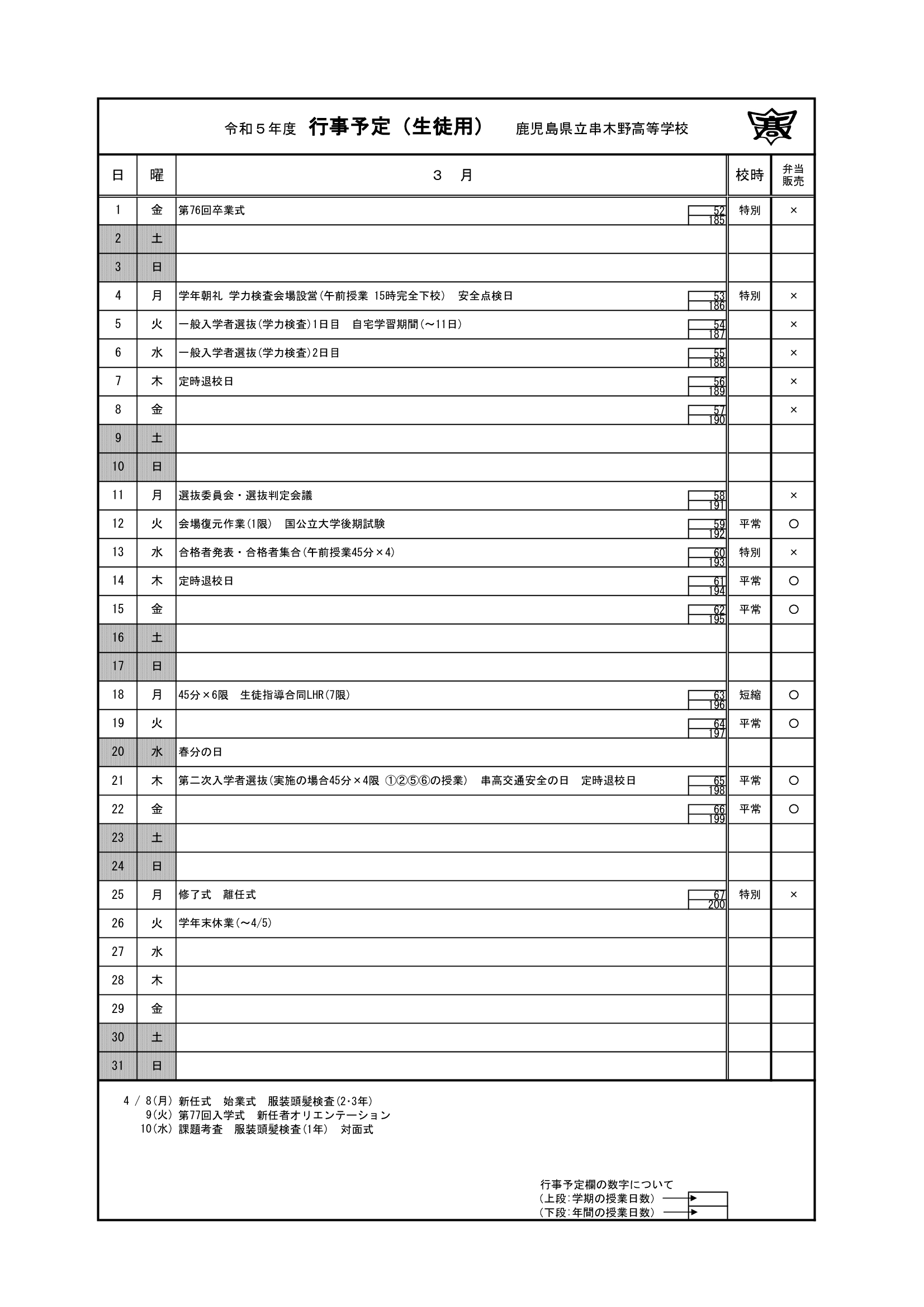 令和５年度　３月行事予定