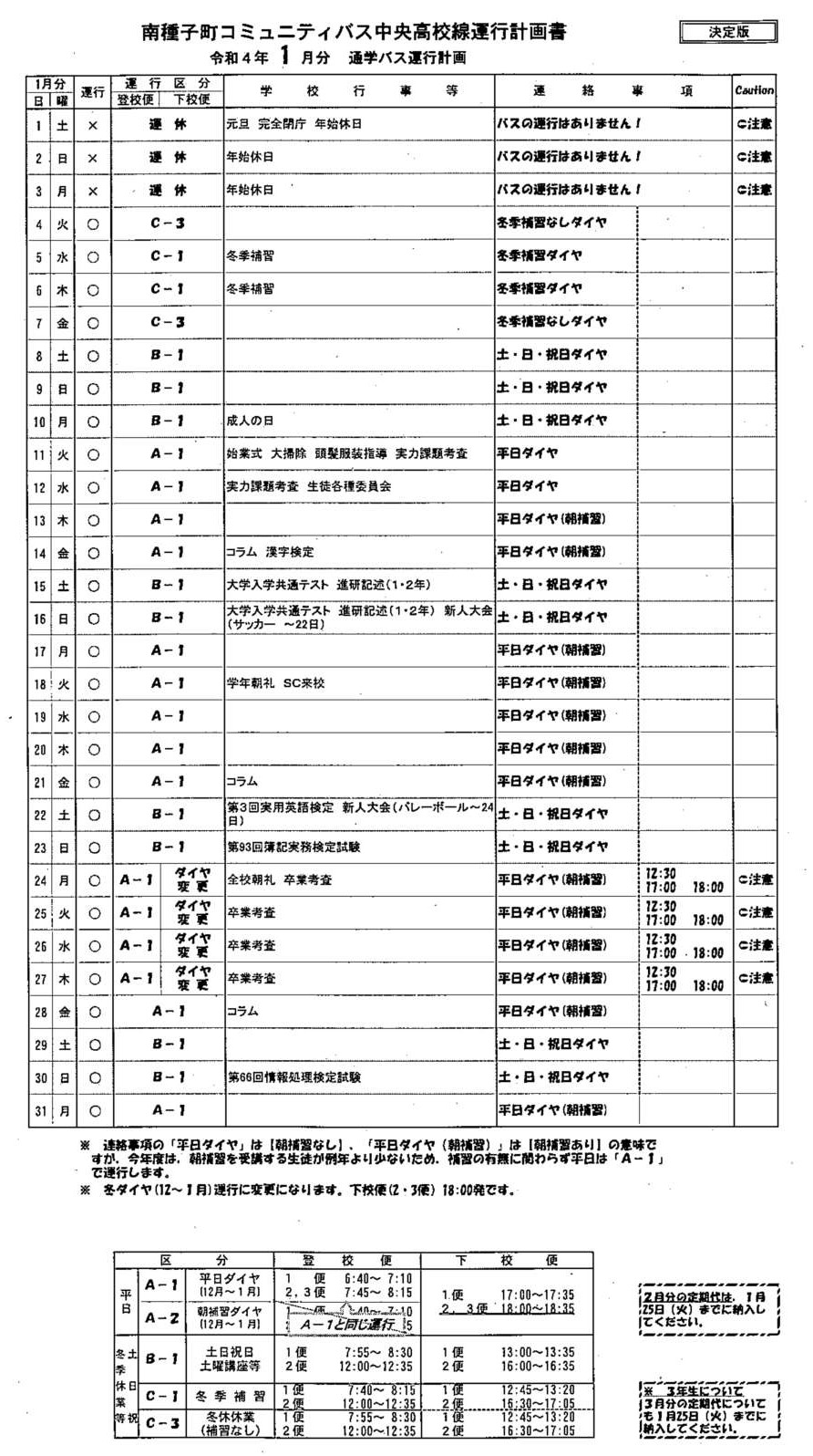 1月バス時刻表