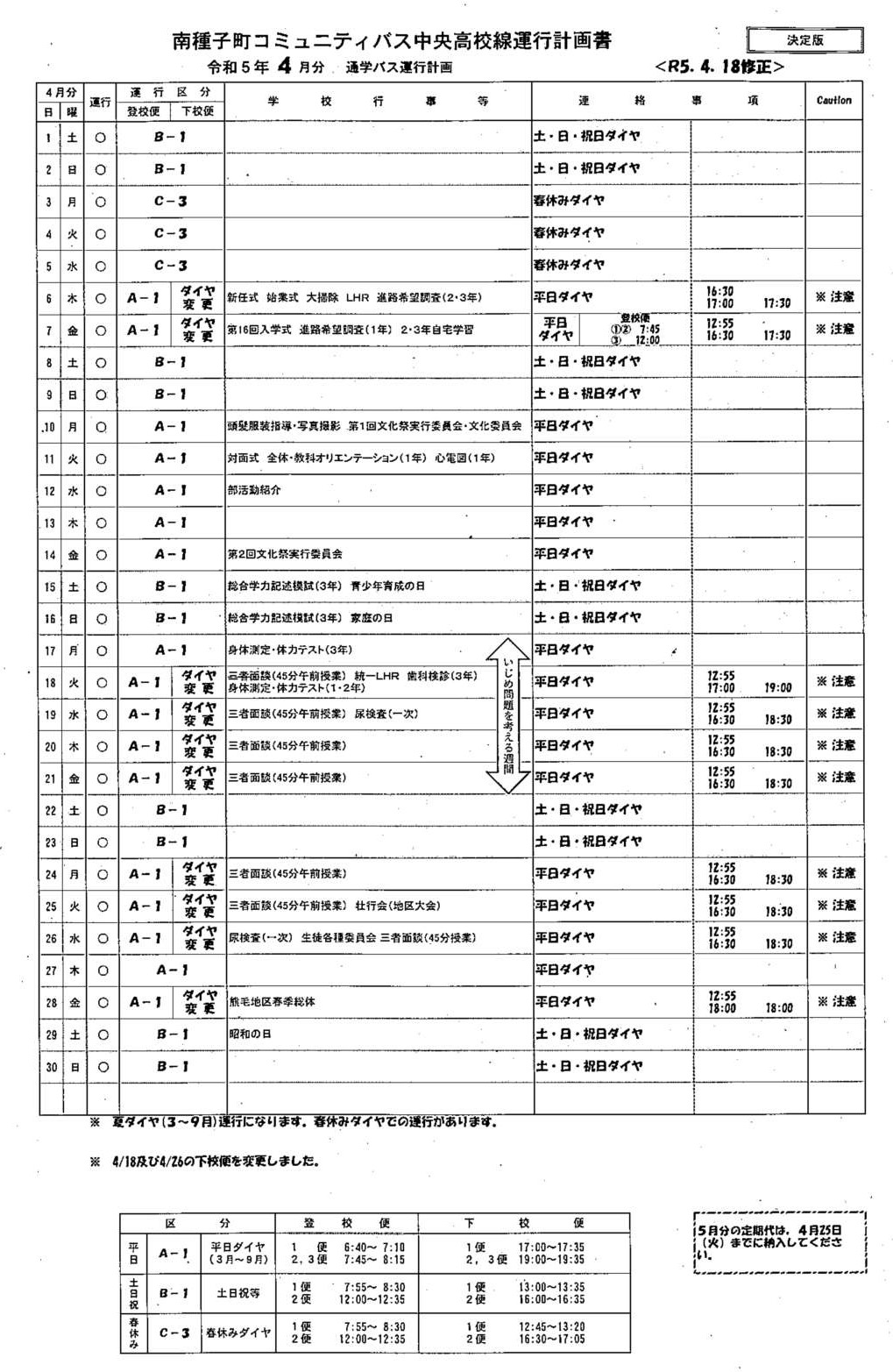 運行ダイヤ計画(4月)【変更】