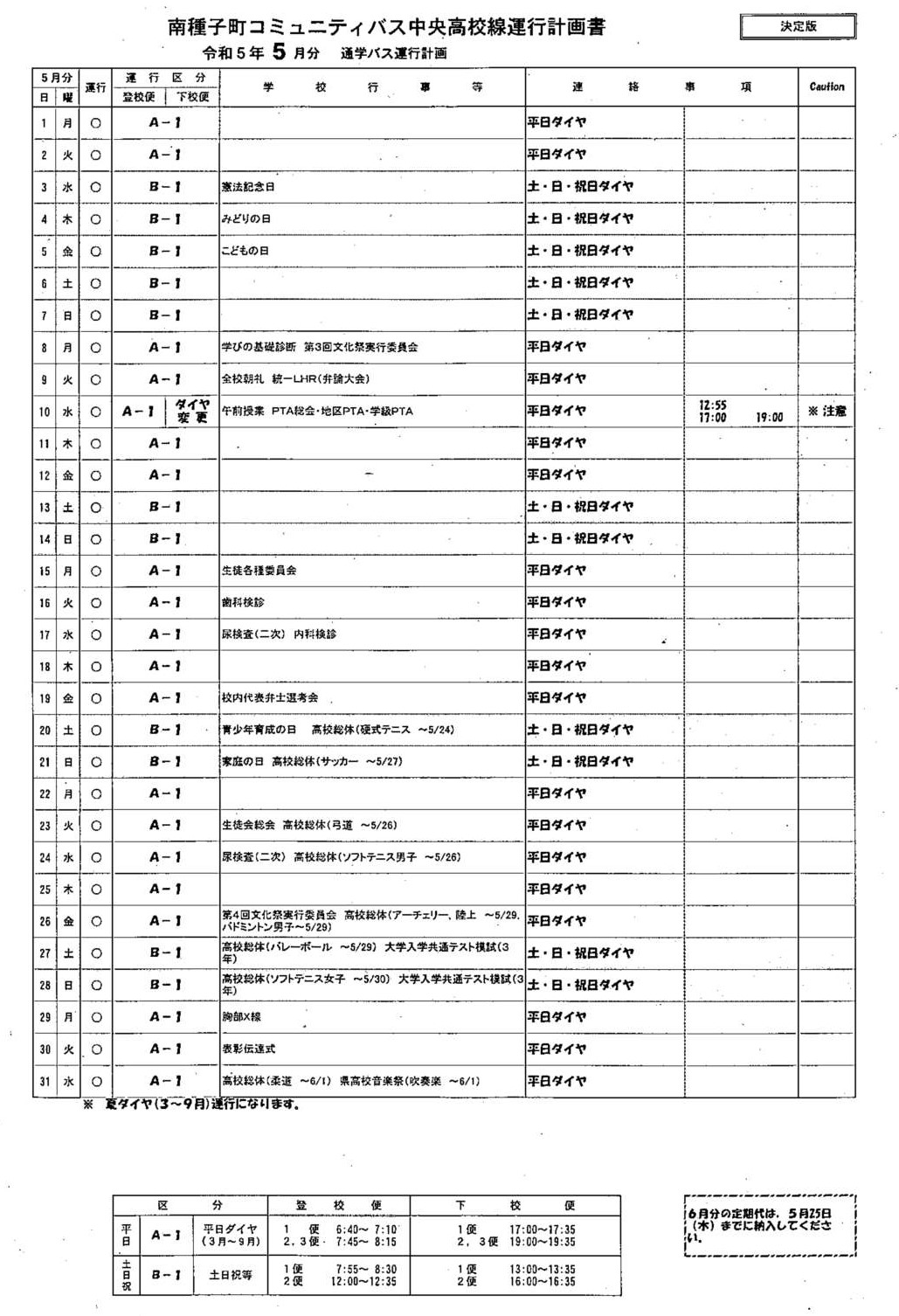 運行ダイヤ計画(５月)