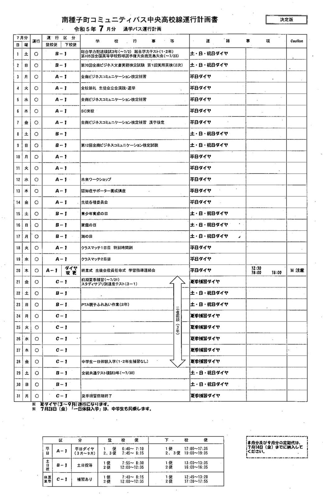 運行ダイヤ計画(７月)